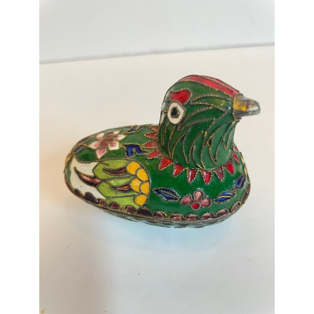 Vintage Cloisonne Enamel Bird Trinket Box Green Floral